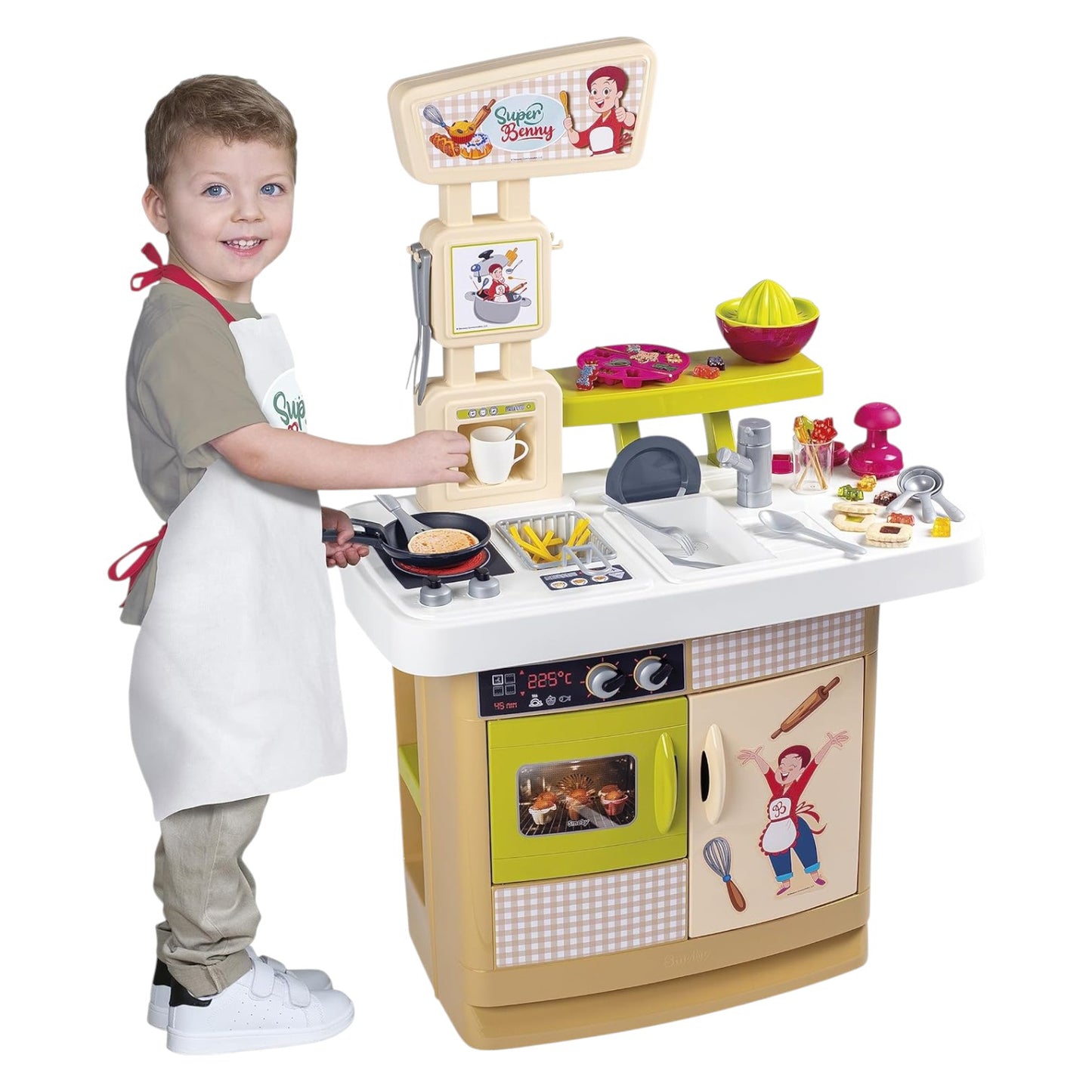 Smoby Super Benny „Die Küche der Köstlichkeiten“ – Spielküche mit Schürze & 32 Zubehörteilen