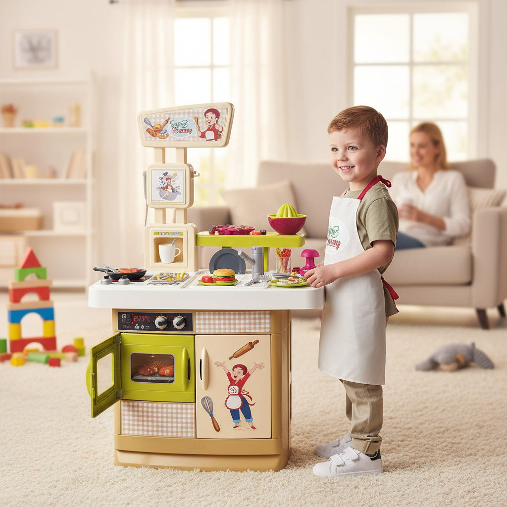Smoby Super Benny „Die Küche der Köstlichkeiten“ – Spielküche mit Schürze & 32 Zubehörteilen