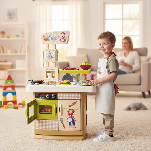 Smoby Super Benny „Die Küche der Köstlichkeiten“ – Spielküche mit Schürze & 32 Zubehörteilen